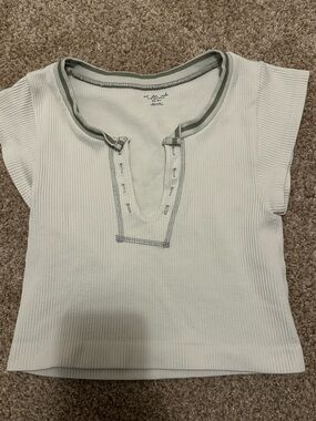 Urban Outfitters Cream Ribbed Henley Crop Top with Olive Trim